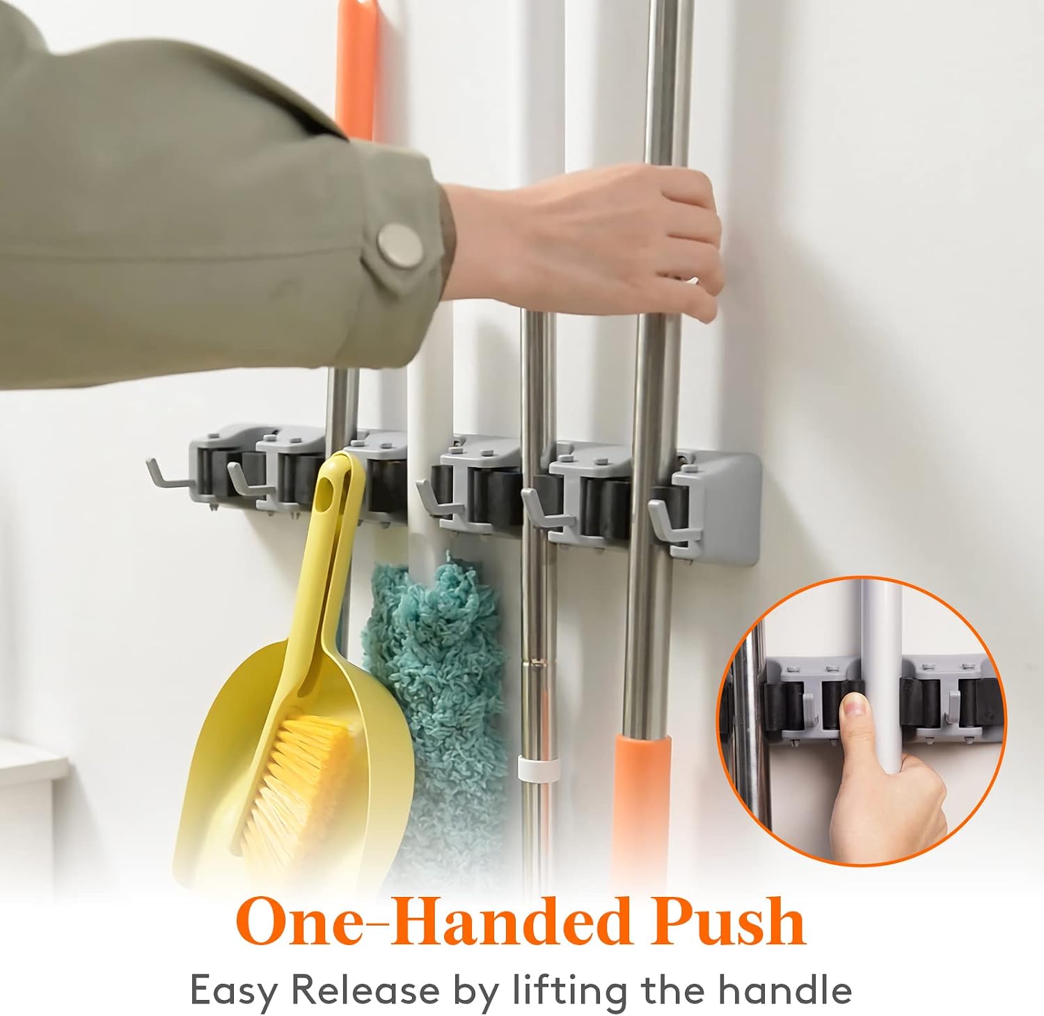 Detalle de Lifewit 22068 Wall-Mounted Broom and Mop Holder, 5 Slots and 6 Hooks