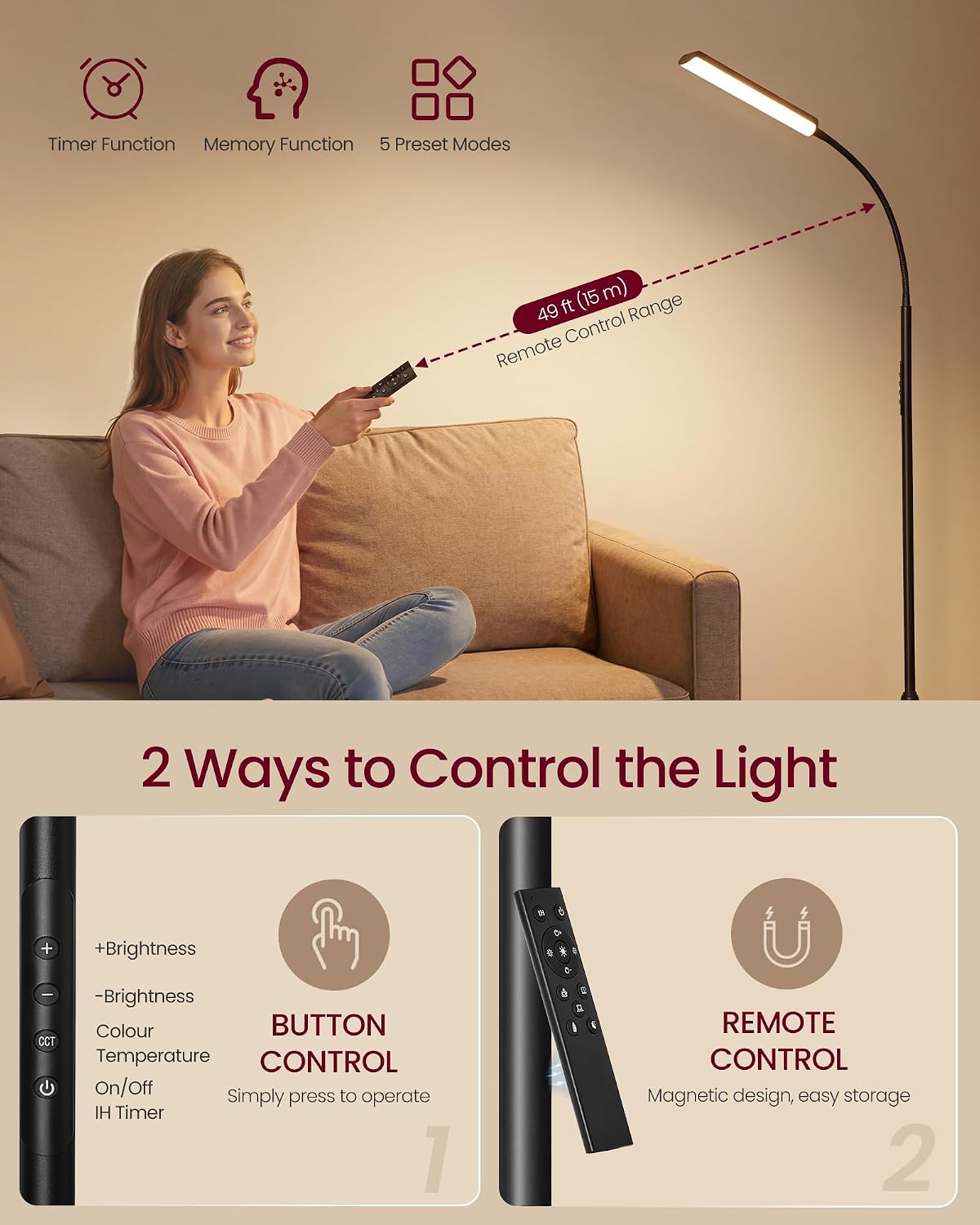 Detalle 2 de VasAGLE LED Floor Lamp LFL007BD03 with adjustable height, 360° head, timer & remote