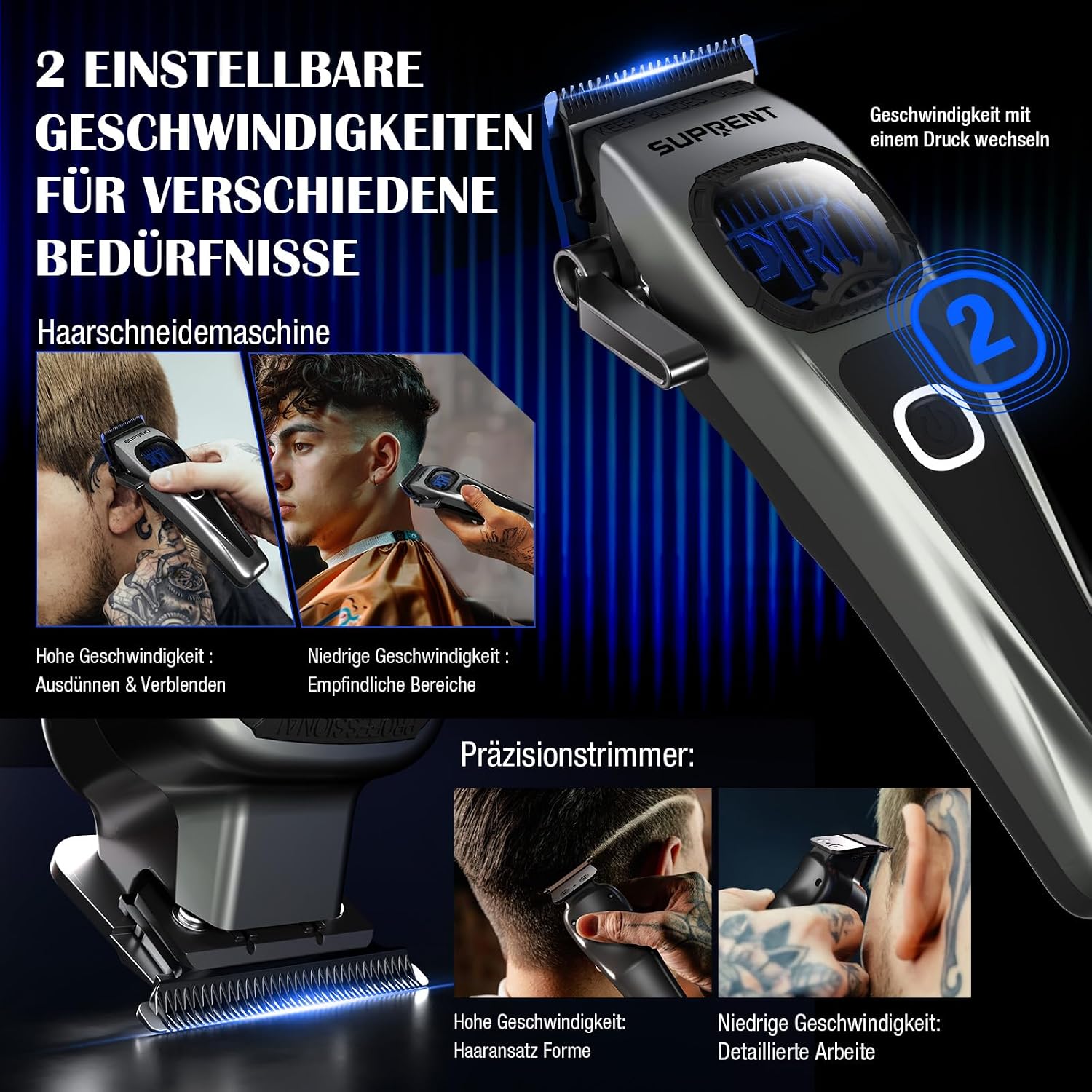 Detalle 2 de SUPRENT HC586TX-3D4 professionele tondeuse met T-mes, keramische messen en USB-C