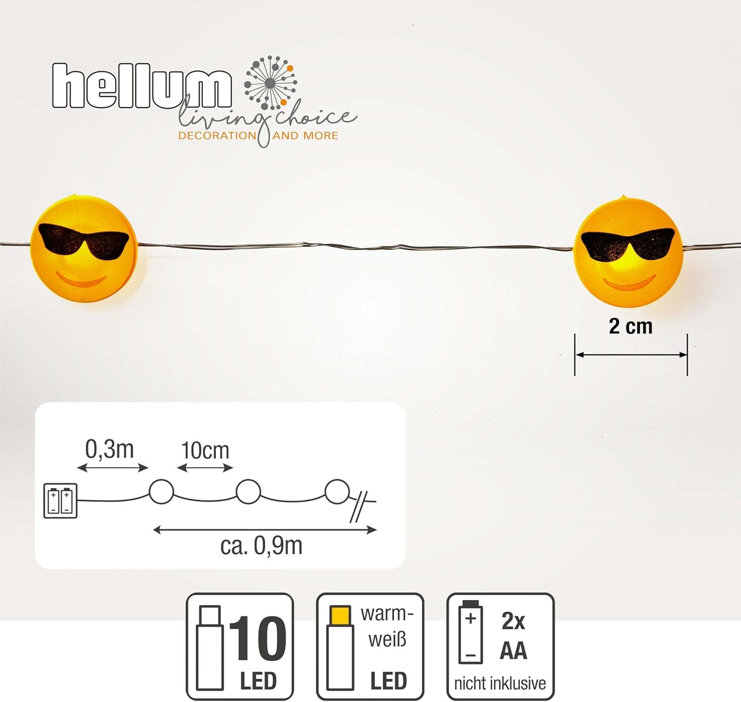 Thumbnail 2 de hellum LED Kupfer-Lichterkette „Cool-Emoji“ (10 warmweiße LEDs, 90 cm, batteriebetrieben mit 2 AA)