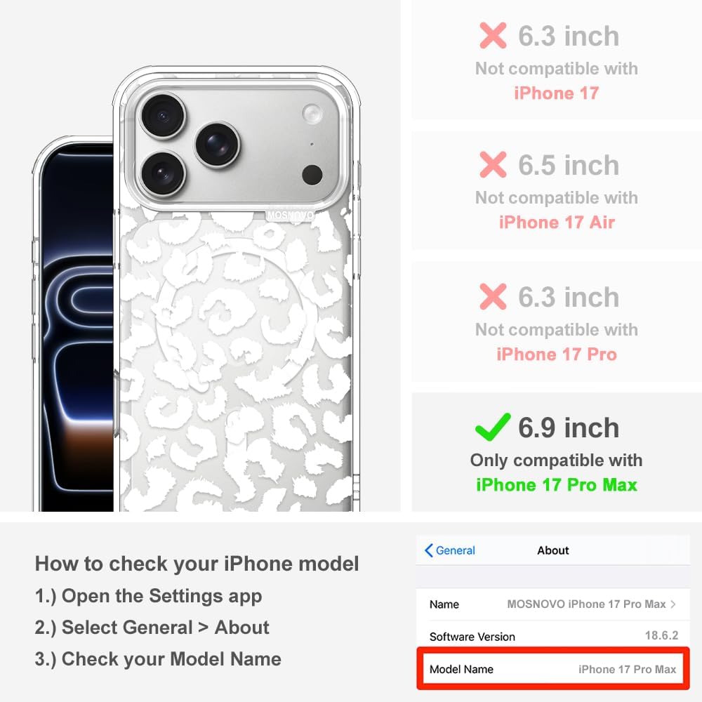 Thumbnail 1 de MOSNOVO for iPhone 17 Pro Max Case with MagSafe, Camera Control, Clear White Leopard Print