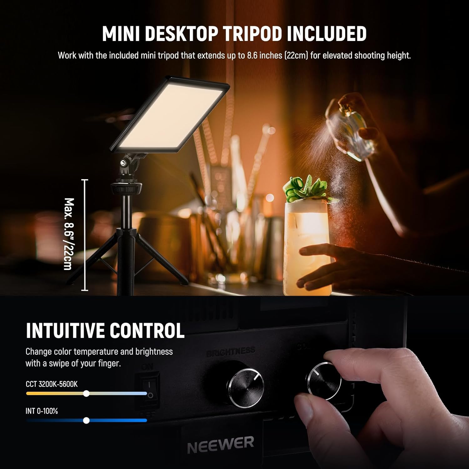 Thumbnail 4 de NEEWER NL-116AI 9" Dimmable LED Video Light Panel with Desk Tripod, 3200K–5600K CRI95+