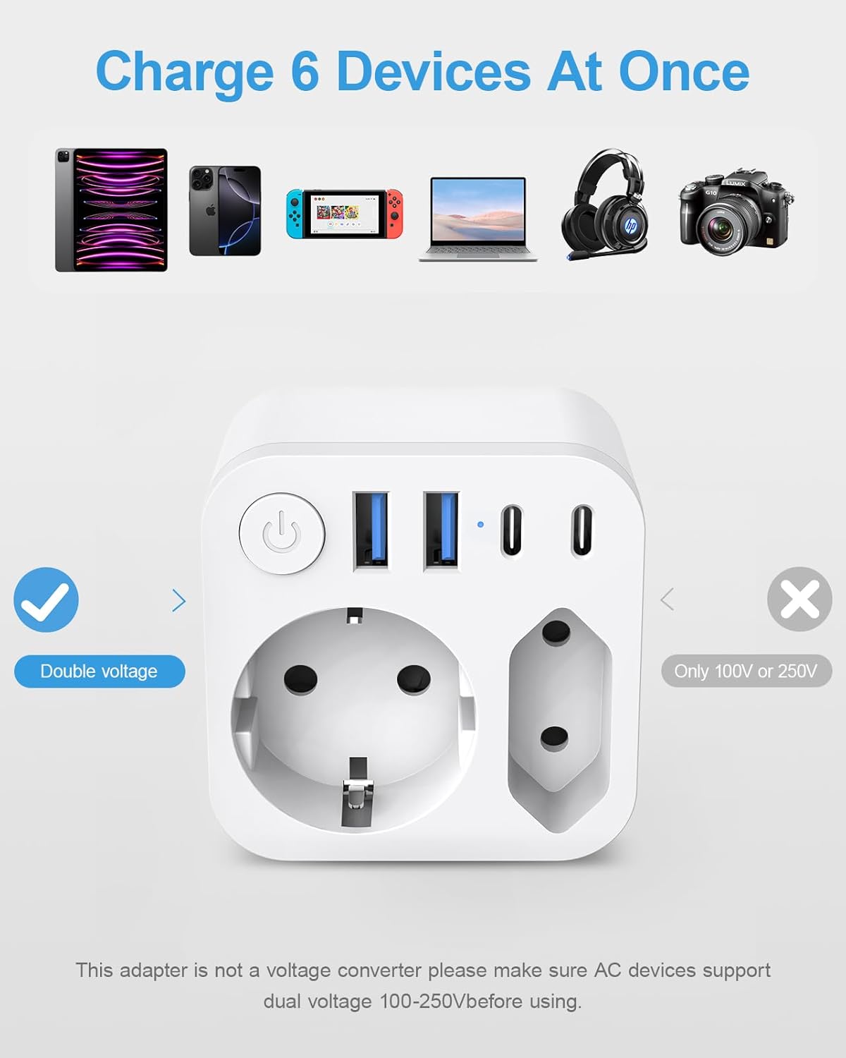 Detalle de Deutschland Nach Italien Steckdose mit 4 USB (2 Typ-C) – 6-in-1 Reiseadapter für Italien und weitere Länder, Weiß