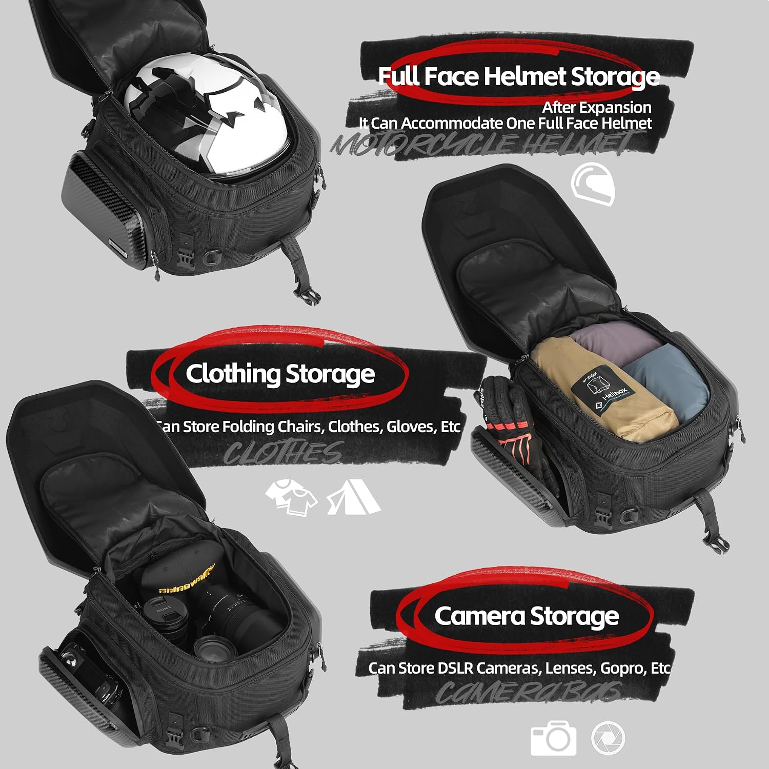 Detalle 2 de Rhinowalk MFT2310-Black-001 Motorcycle Tail Bag, Expandable 23L–35L