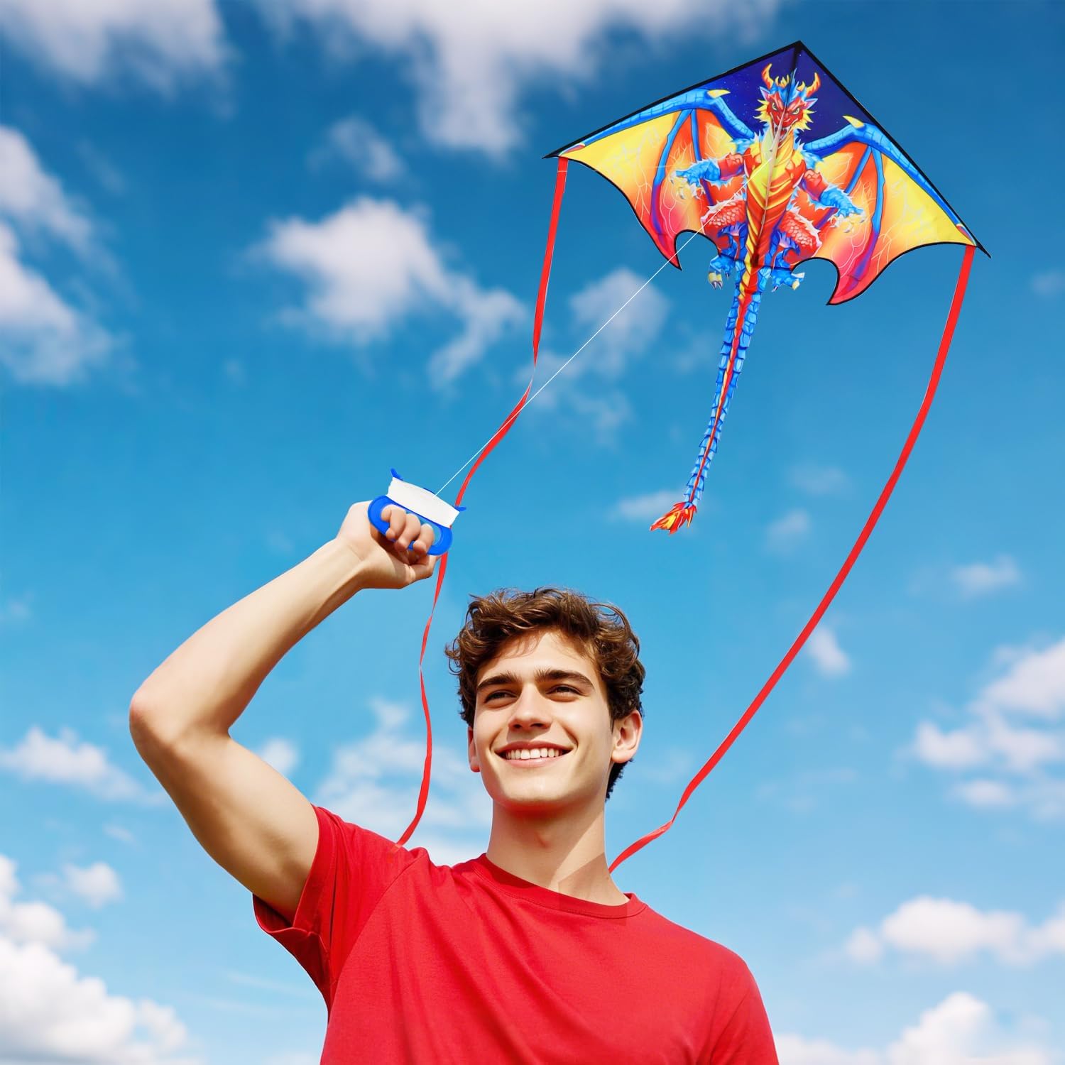 Thumbnail 1 de HONBO Large Delta Kite for Kids and Adults – Easy to Fly, 56x66 inches Dragon Design with 200ft String