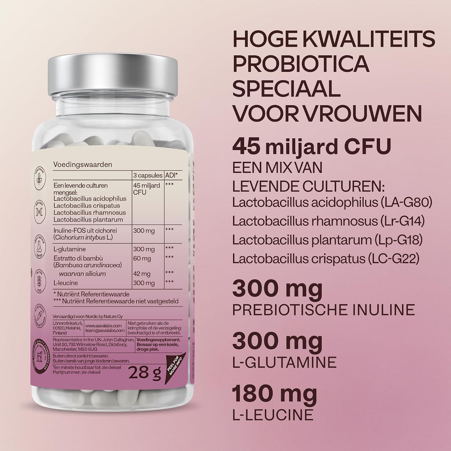 Detalle 1 de AAVALABS Women Probiolac probioticacapsules met 4 bacteriestammen en inuline
