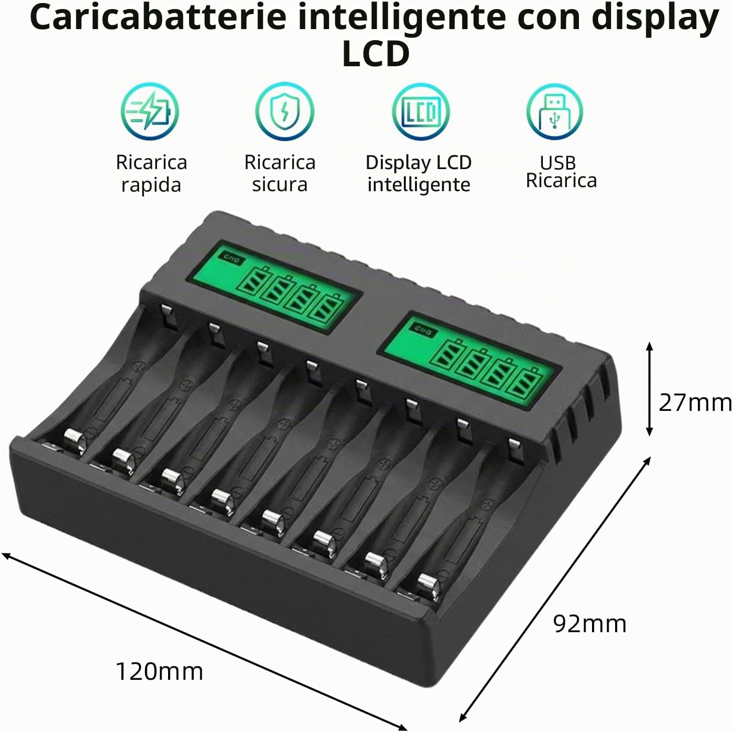 Detalle de Carehabi Caricabatterie 8 Slot AA/AAA Ni-MH con Display LCD, USB-C e Compatibilità Estesa