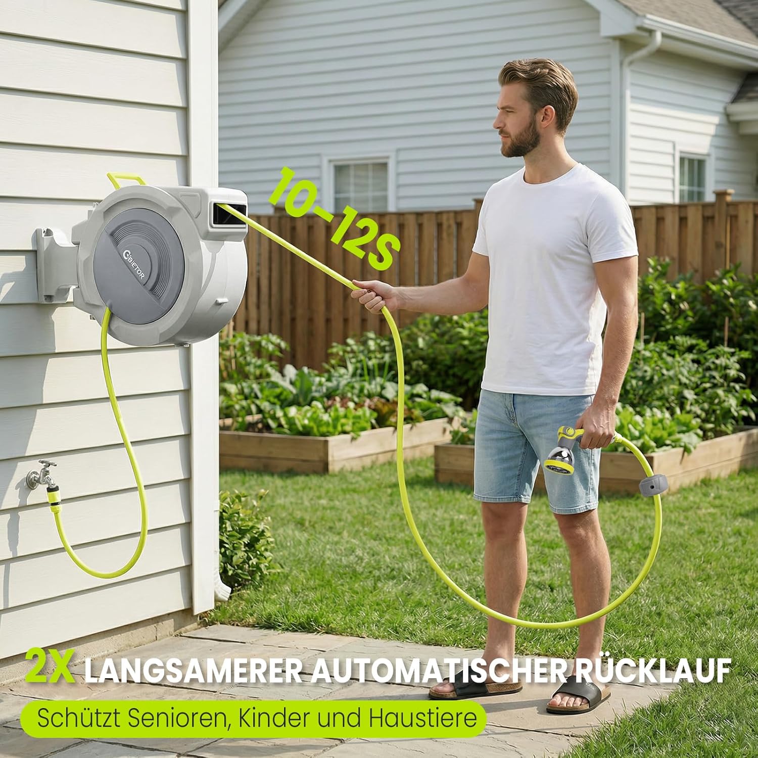 Thumbnail 4 de Bietor Schlauchtrommel Wasser 45m + 2m – Automatische Aufrollung, 180° Wandhalterung und 10-funktionen Sprühdüse