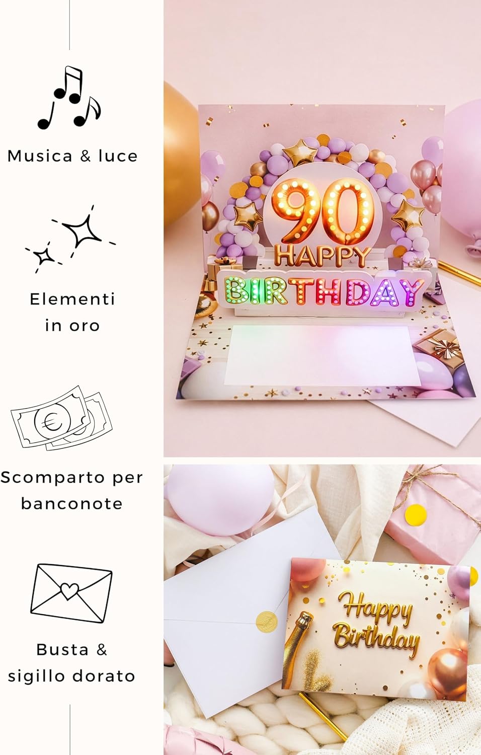 Detalle de Joli Coon Biglietto auguri 90 anni donna – musica, luce e 3D con busta inclusa