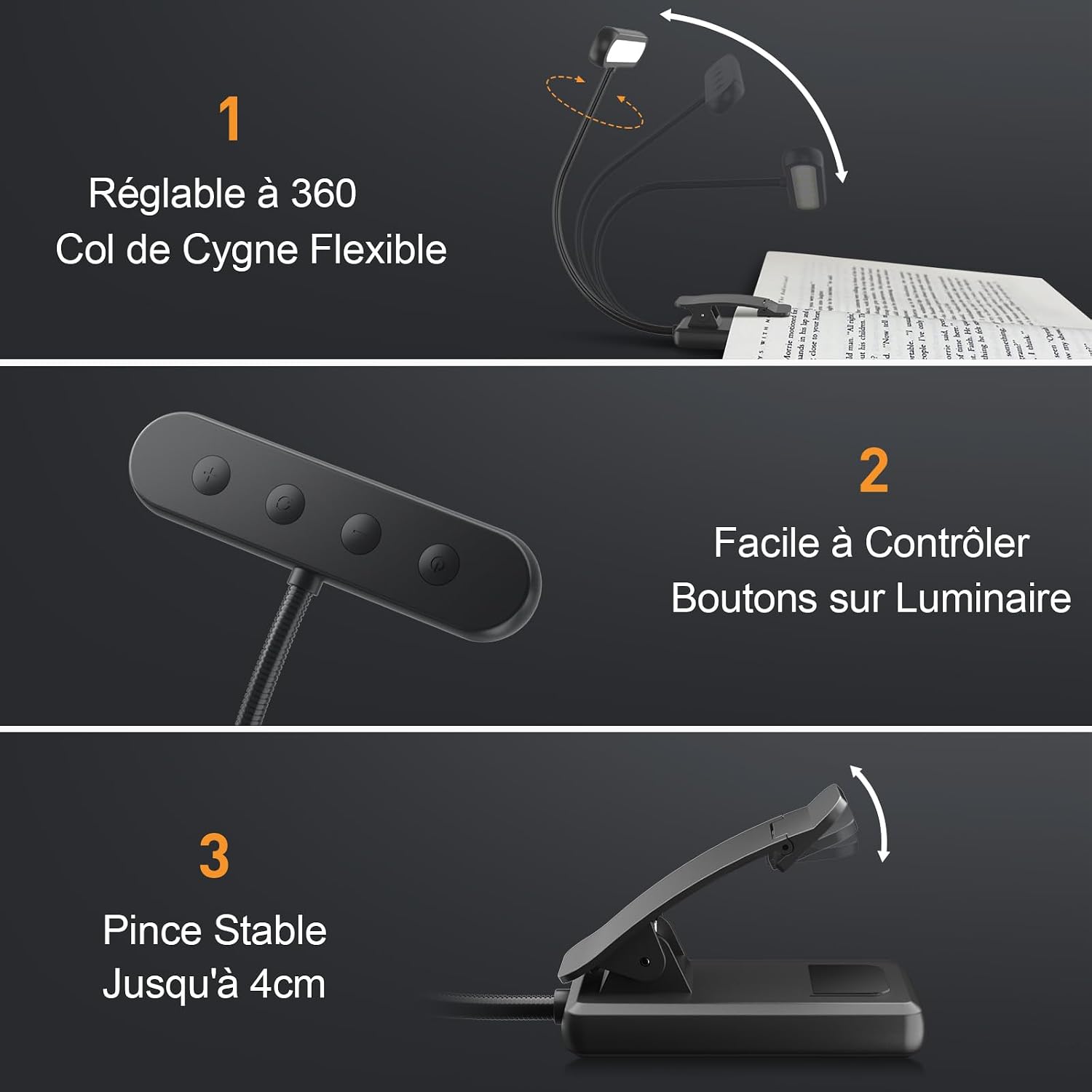 Detalle de iFalarila oplaadbare leeslamp met klem, USB-C en flexibele zwanenhals