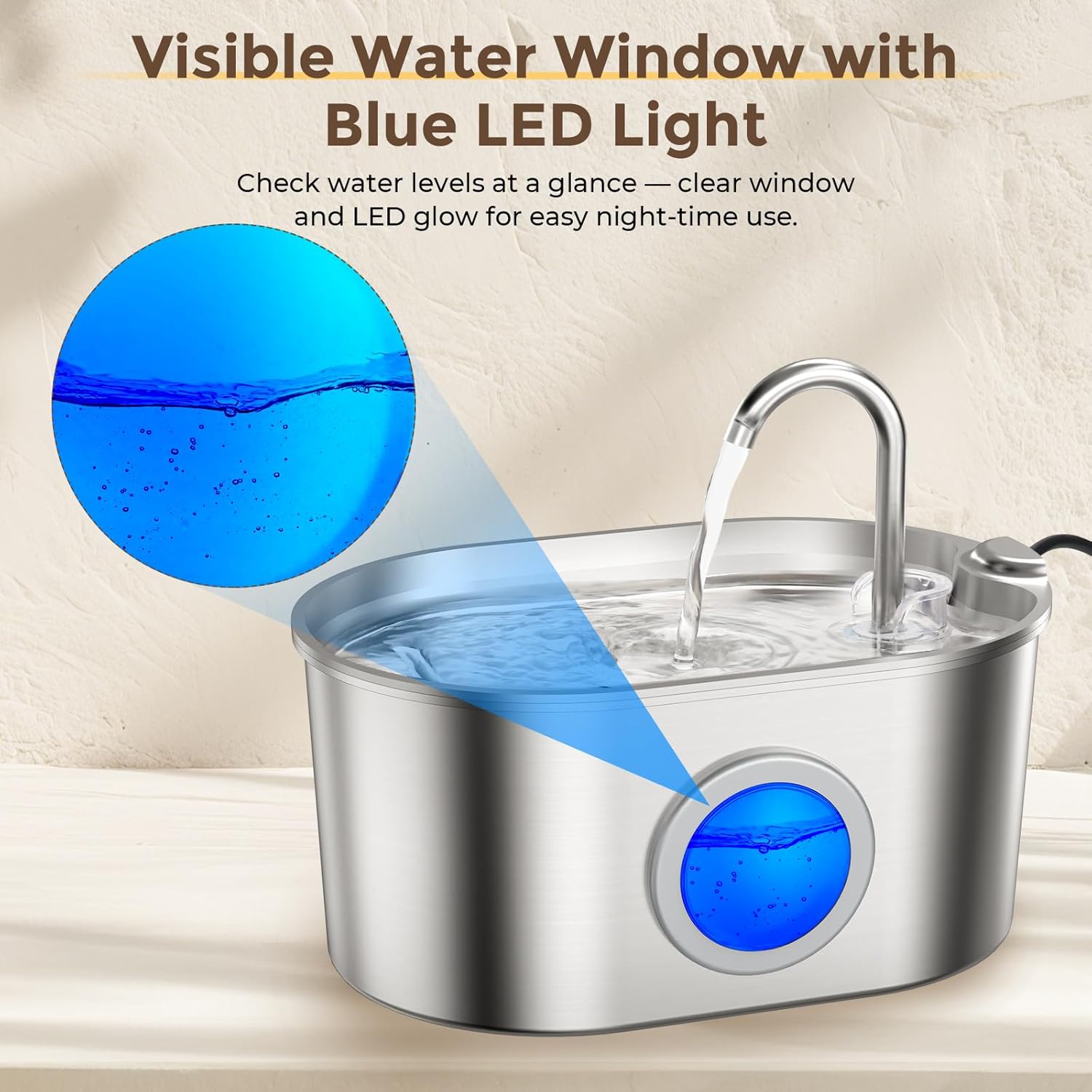Thumbnail 4 de Invengo MeowFlow B30 2.2L stainless steel cat water fountain with visible water window