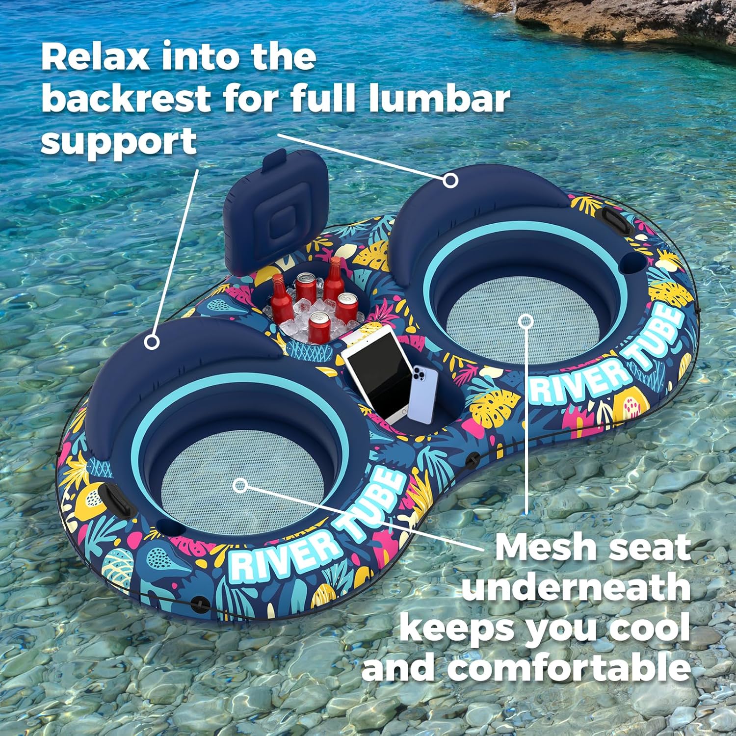 Thumbnail 5 de POVRYE Pool Floats Adult 2-Person Inflatable River Tube with Built-In Cooler & Cup Holders