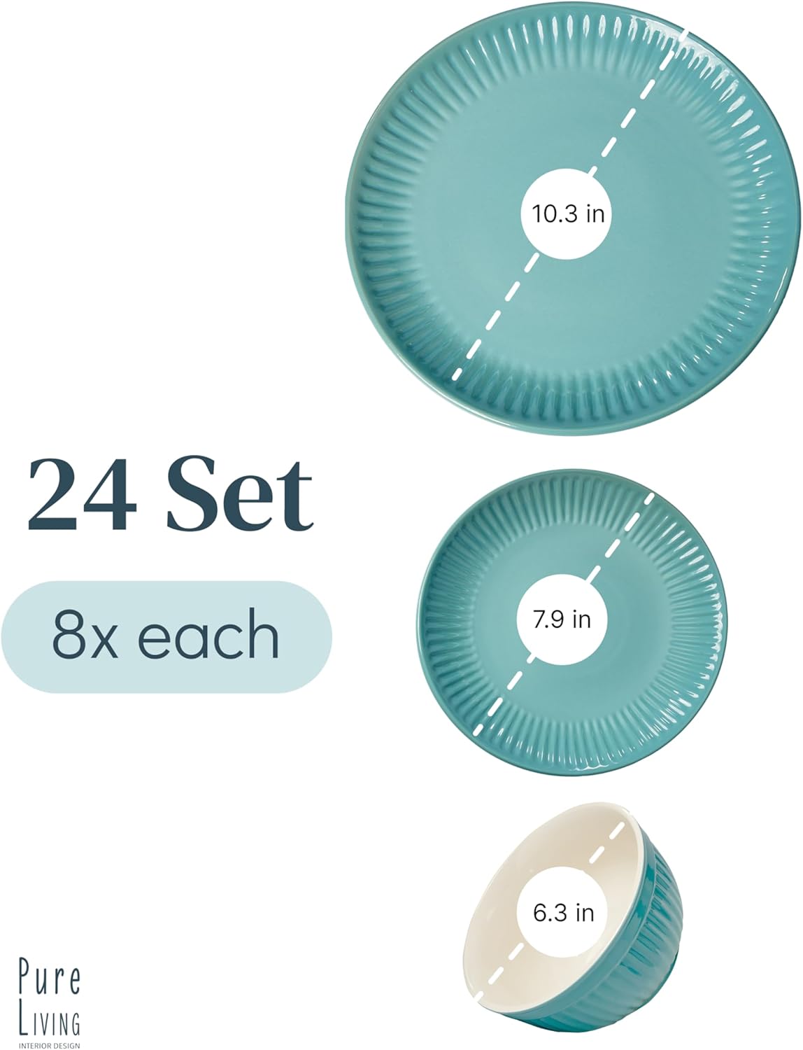 Thumbnail 2 de Stoneware Dinnerware Set for 8 People HYGGE 24-Piece: Elegant Scandi Green Ribbed Tableware