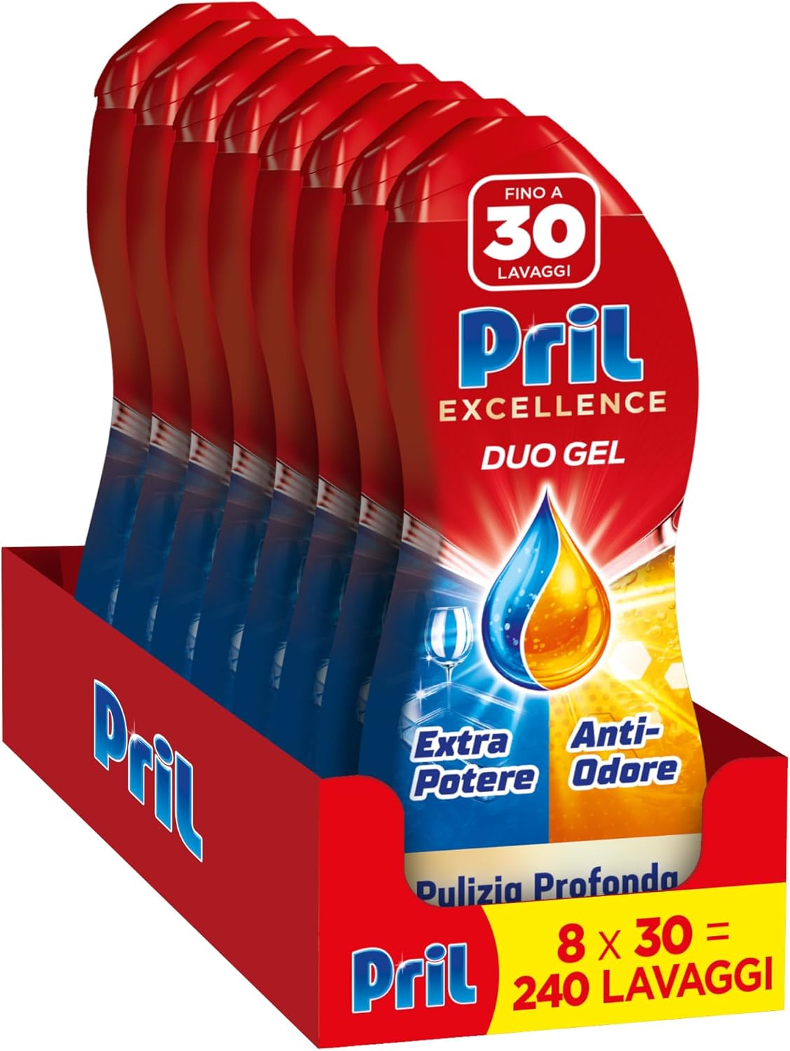 Pril Duo Gel: detersivo lavastoviglie in gel con azione anti-odore e aceto, 8 confezioni da 30 lavaggi (totale 240 lavaggi)