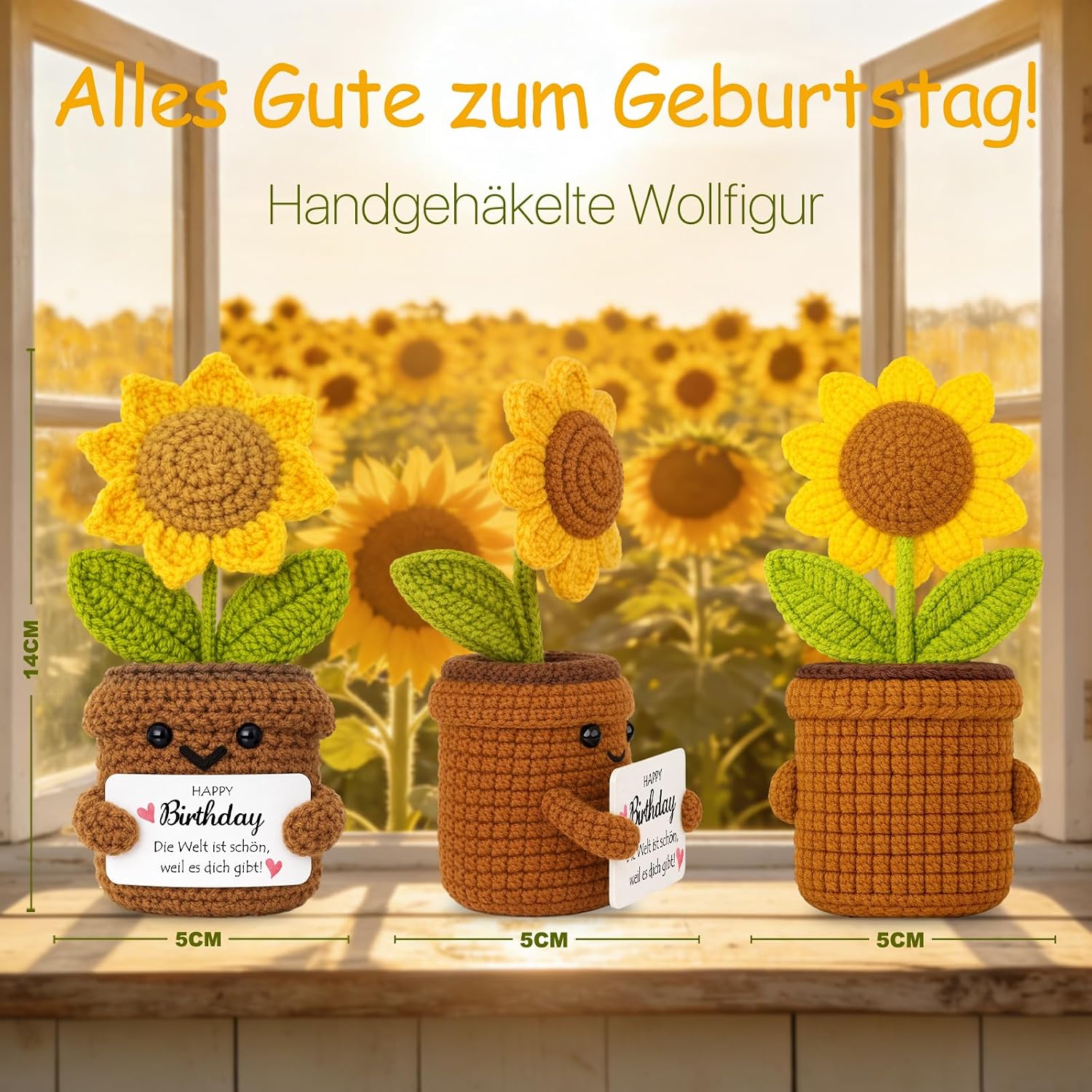 Detalle de Farbeele Positive Sonnenblume & Glücksbringer-Schlüsselanhänger (Pocket Hug Figur) – Geburtstagsgeschenk mit Wunschkarte