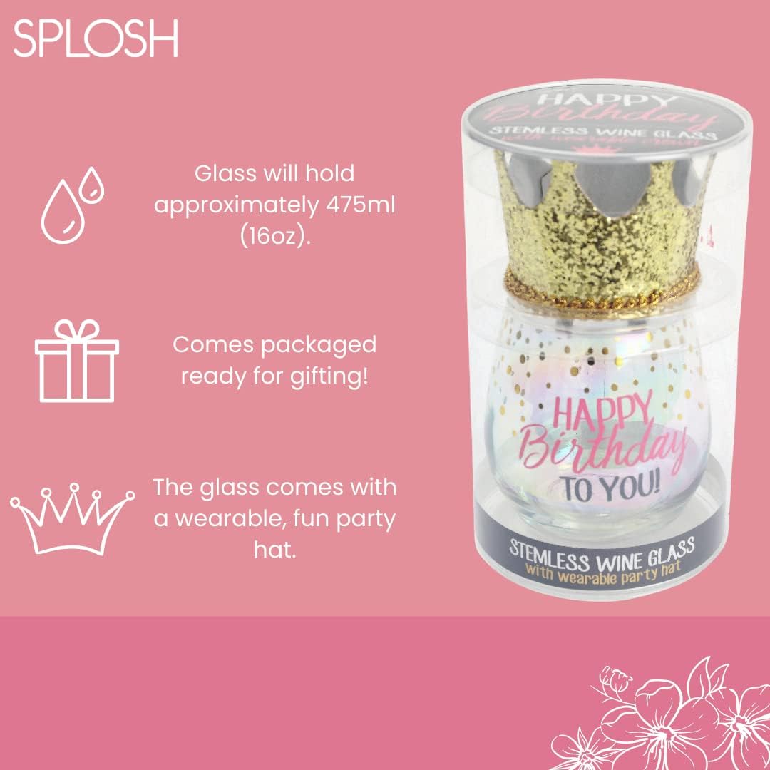 Thumbnail 2 de Splosh Celebration Glass stemless personalised drinking cup (16oz) with wearable party hat