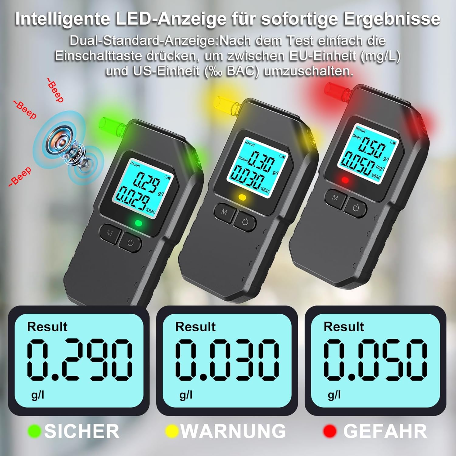 Detalle de Alkoholtester Alkotester Atemalkoholtester Promilltester Dual-Sensor, LCD-Display, 20 Mundstücke – tragbar für Auto & Zuhause (Schwarz)