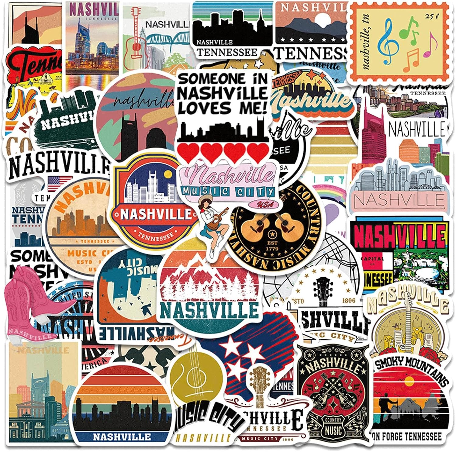 Detalle de Tufeifrank Nashville Tennessee Vinyl Stickers, 50-Piece Waterproof Set