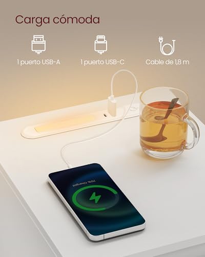 Detalle de VASAGLE KAILYN LET710W01, 2 mesitas de noche con LED, cajón y puertos USB