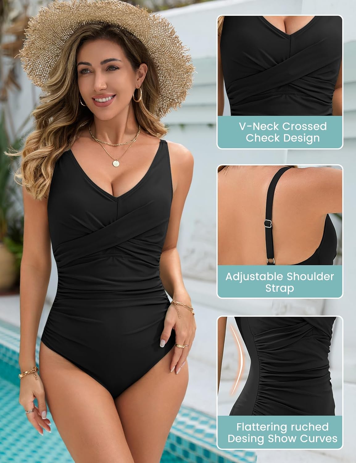 Detalle de UMIPUBO women’s tummy control one-piece swimsuit with ruched V-neck, padded push-up & cross front