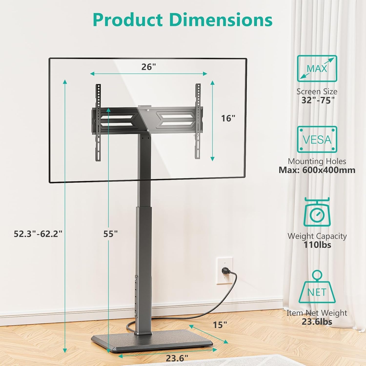 Thumbnail 6 de WALI Floor TV Stand with Power Outlet (TVDVD-7P) for 32–75" TVs up to 110 lbs, Swivel & Height Adjustable, Black