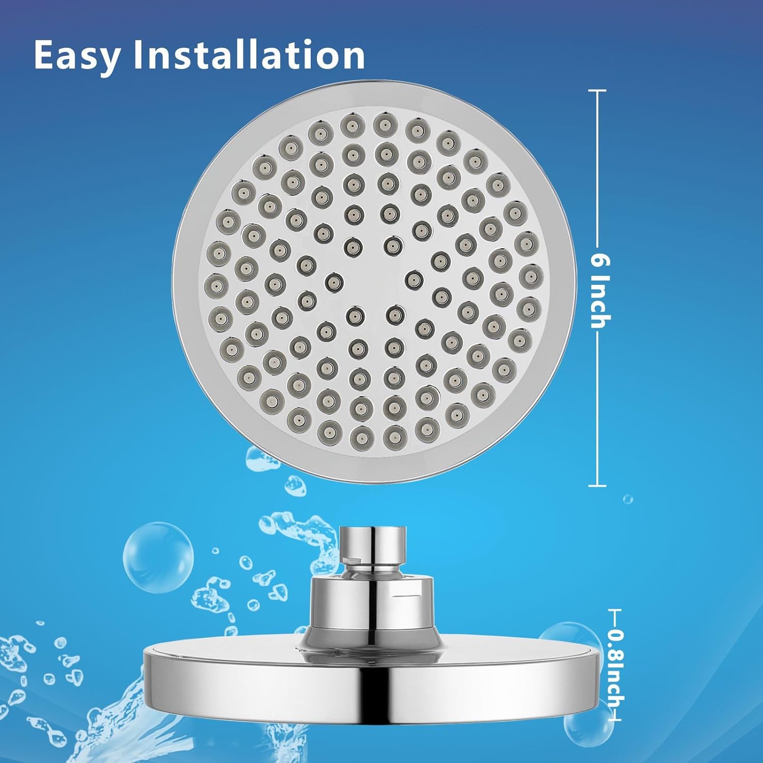 Detalle de Eolax High Pressure Rain Shower Head – 6 Inch Round Fixed Shower with Swivel Ball, Chrome Finish