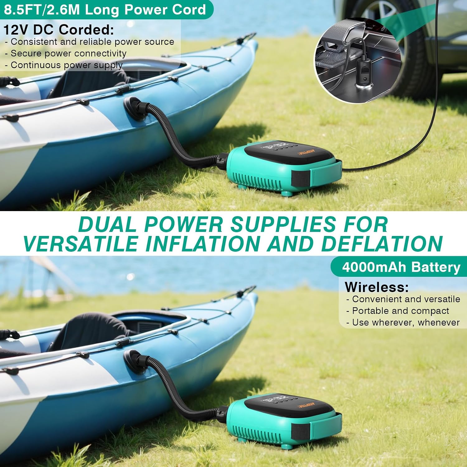 Detalle 2 de AGPTEK Paddle Board Pump: 4000mAh Battery, 20 PSI, Car-Charger Power for Inflatable SUPs