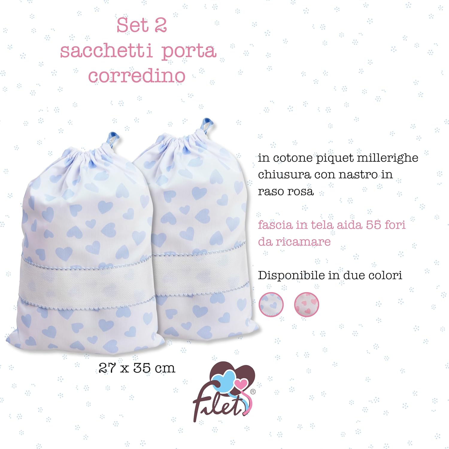 Detalle de FILET - Set 2 Sacchetti Porta Corredino da Ricamare, Cuori Celesti, 27x35 cm