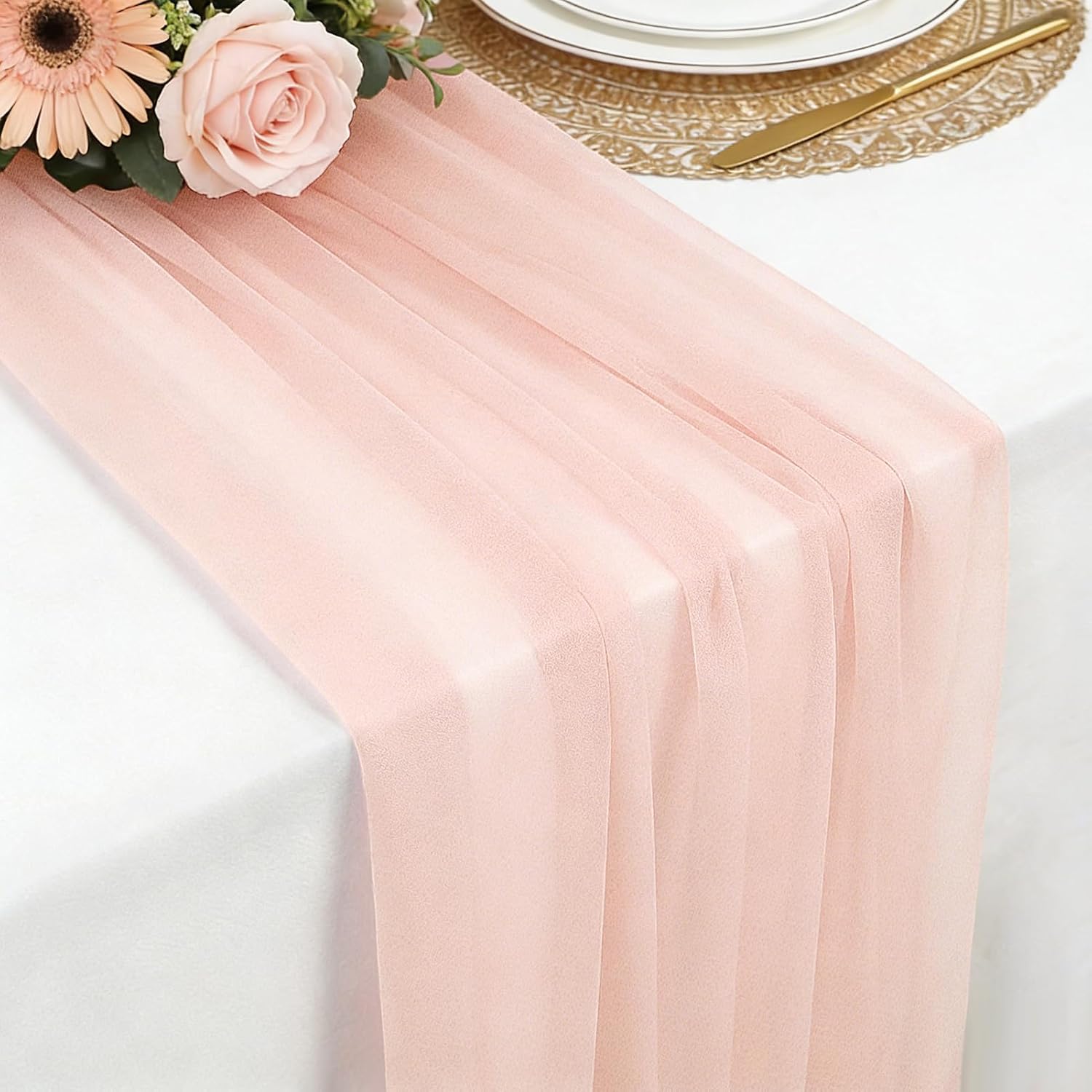 Detalle de Foatcox ZQ122 lichtroze chiffon tafelloper van polyester, 77 x 300 cm