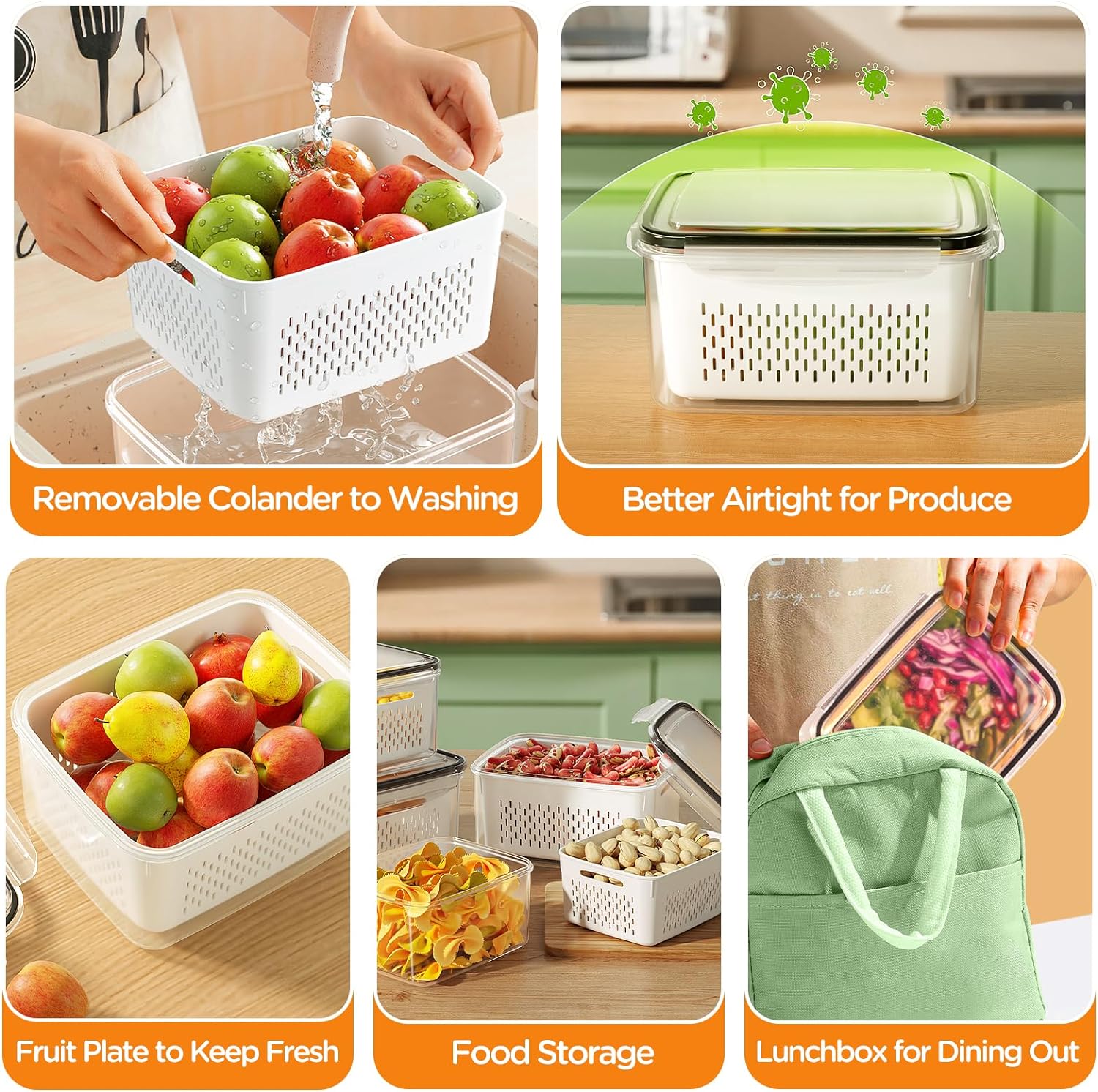 Thumbnail 5 de 5-Pack Fruit Storage Containers with Removable Colanders — 4-in-1 Fridge Organizer Bins