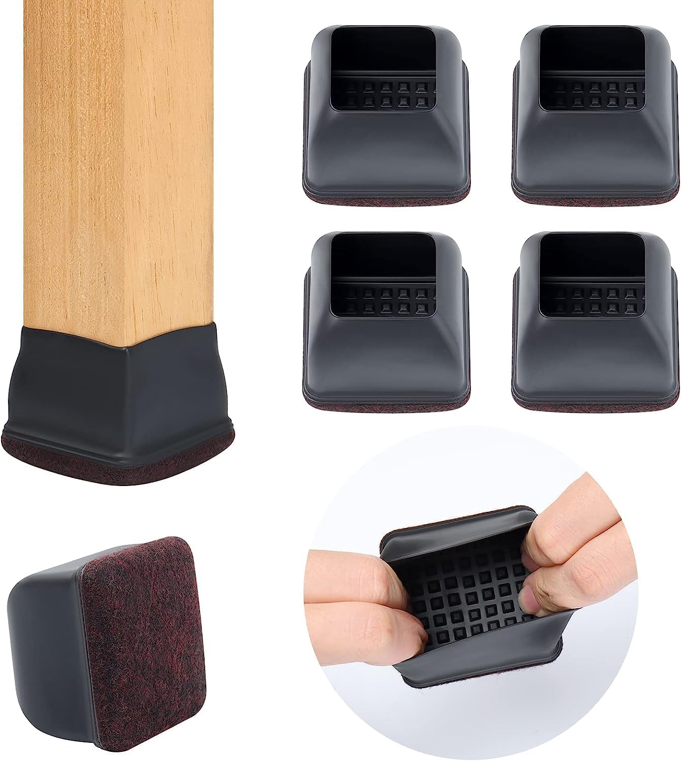 Detalle de Ezprotekt 2 inch Square-Black Non-woven Fabric Chair Leg Caps – Smooth Moving Protectors for Hard Floors