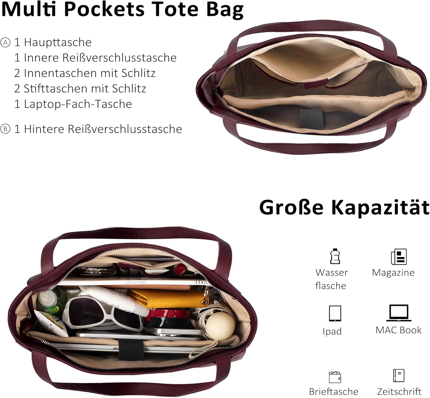 Thumbnail 2 de befen Echtleder Handtasche Damen Groß Shopper mit 14 Zoll Laptopfach – Viel Platz, hochwertiges Rindsleder