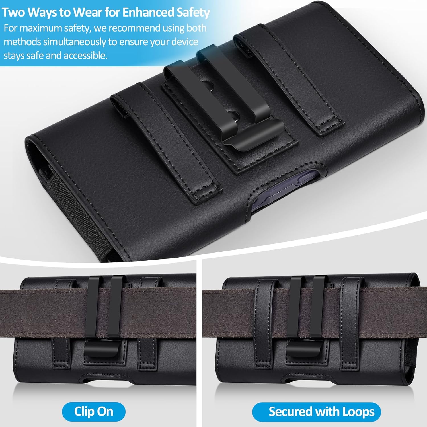 Thumbnail 4 de ACCKUO Leather Phone Holster with Metal Belt Clip and Card Holder (L-Black)