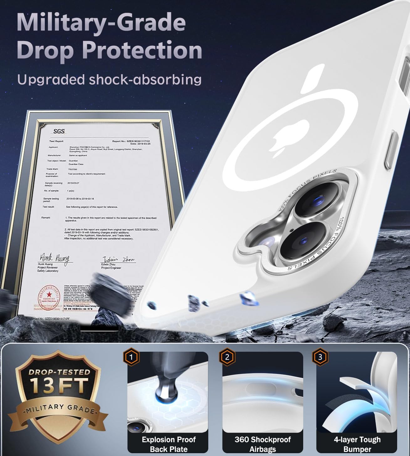 Detalle de Newfuture iPhone 16 Case with Magnetic 38‑Magnet System — 13 ft Drop Protection, MagSafe Compatible, Frosted White