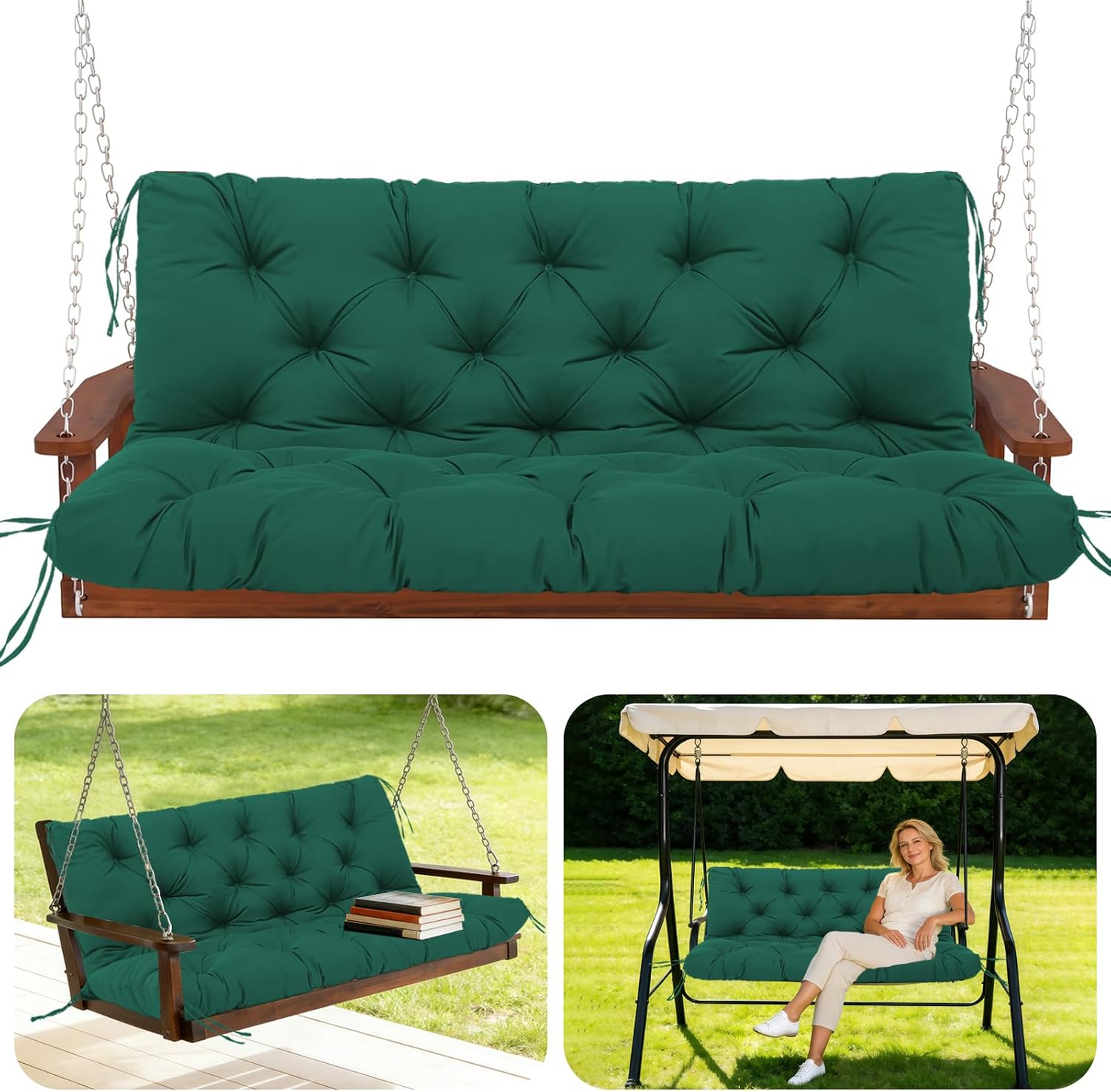 Thumbnail 6 de GHDM Garden Bench Cushion Thick 12cm Swing Cushions for 3-Seater with Backrest and Ties (150cm, Brown)