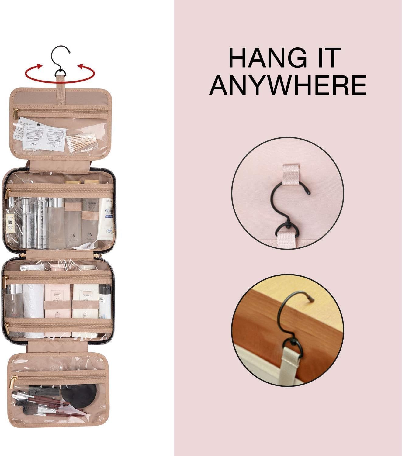 Detalle de BAGSMART Hanging Toiletry Bag Travel Large Capacity (Medium-Pink) with hook and compartments