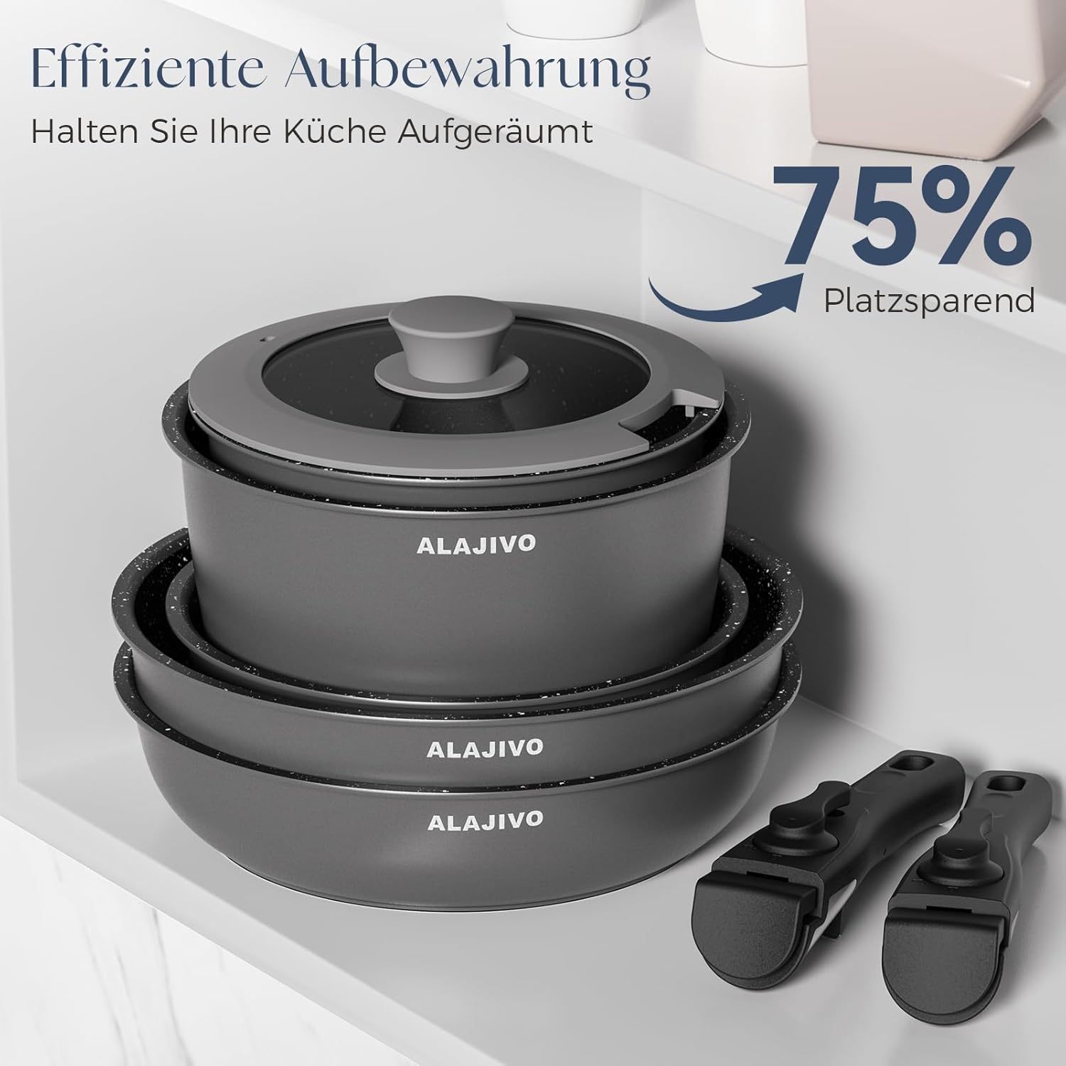 Detalle de Alajivo Topfset mit abnehmbarer Griff, 17-teiliges Pfannenset (Antihaft) für Induktion, grau