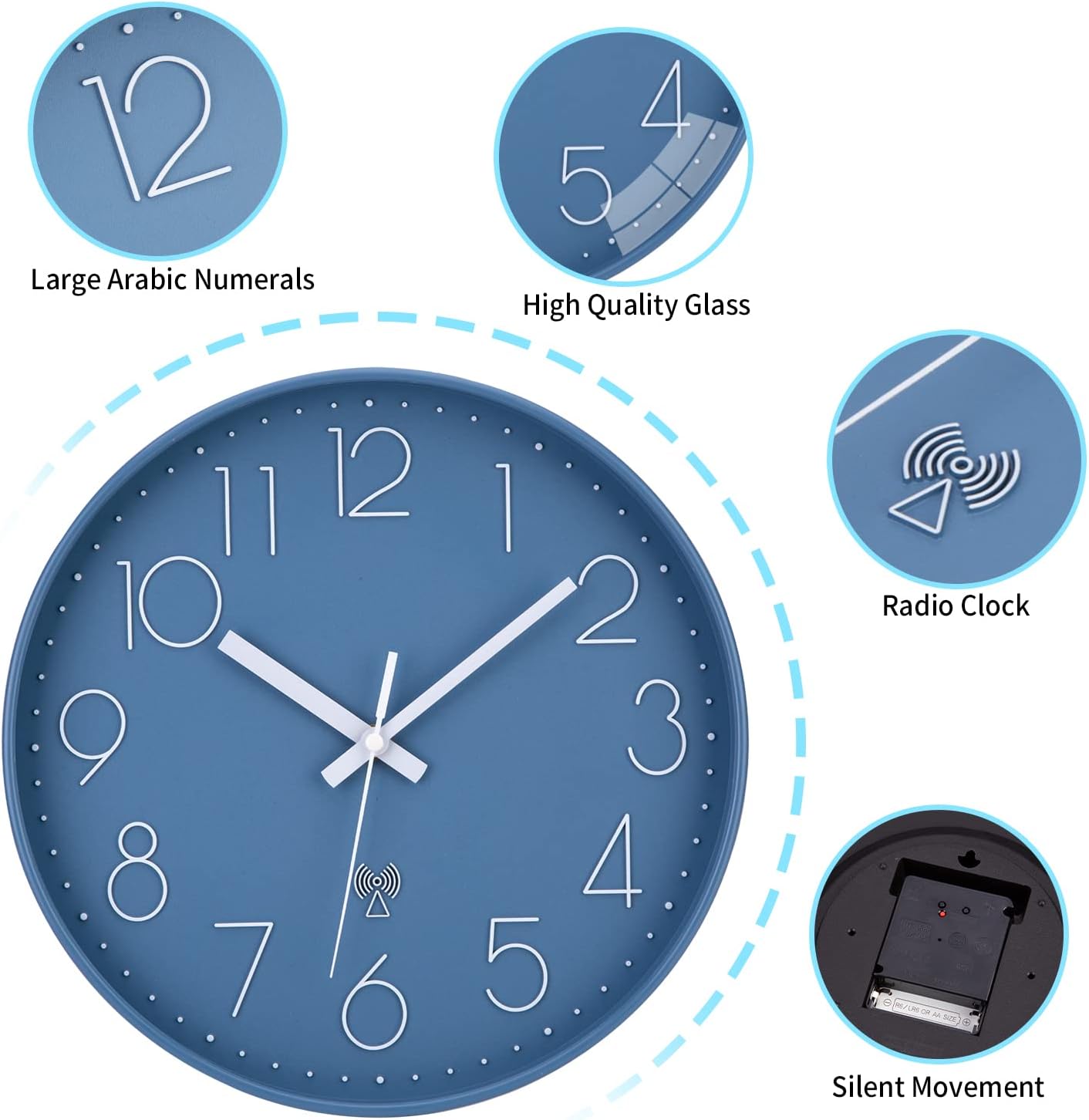 Thumbnail 3 de ACCSHINE 9939678 radiogestuurde wandklok, stil uurwerk, blauwe wijzerplaat, 30 cm