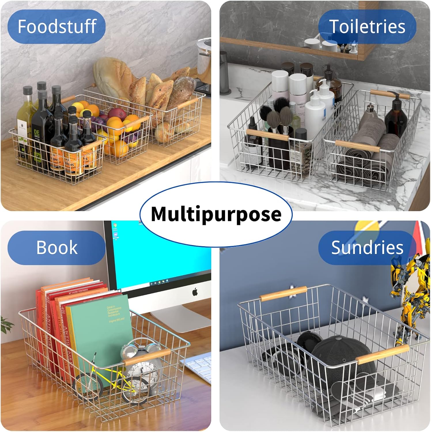Thumbnail 4 de YOUVIP 3 Pack Wire Storage Baskets with Wooden Handles – Versatile Steel Grid Bins for Pantry, Fridge, Bathroom & More