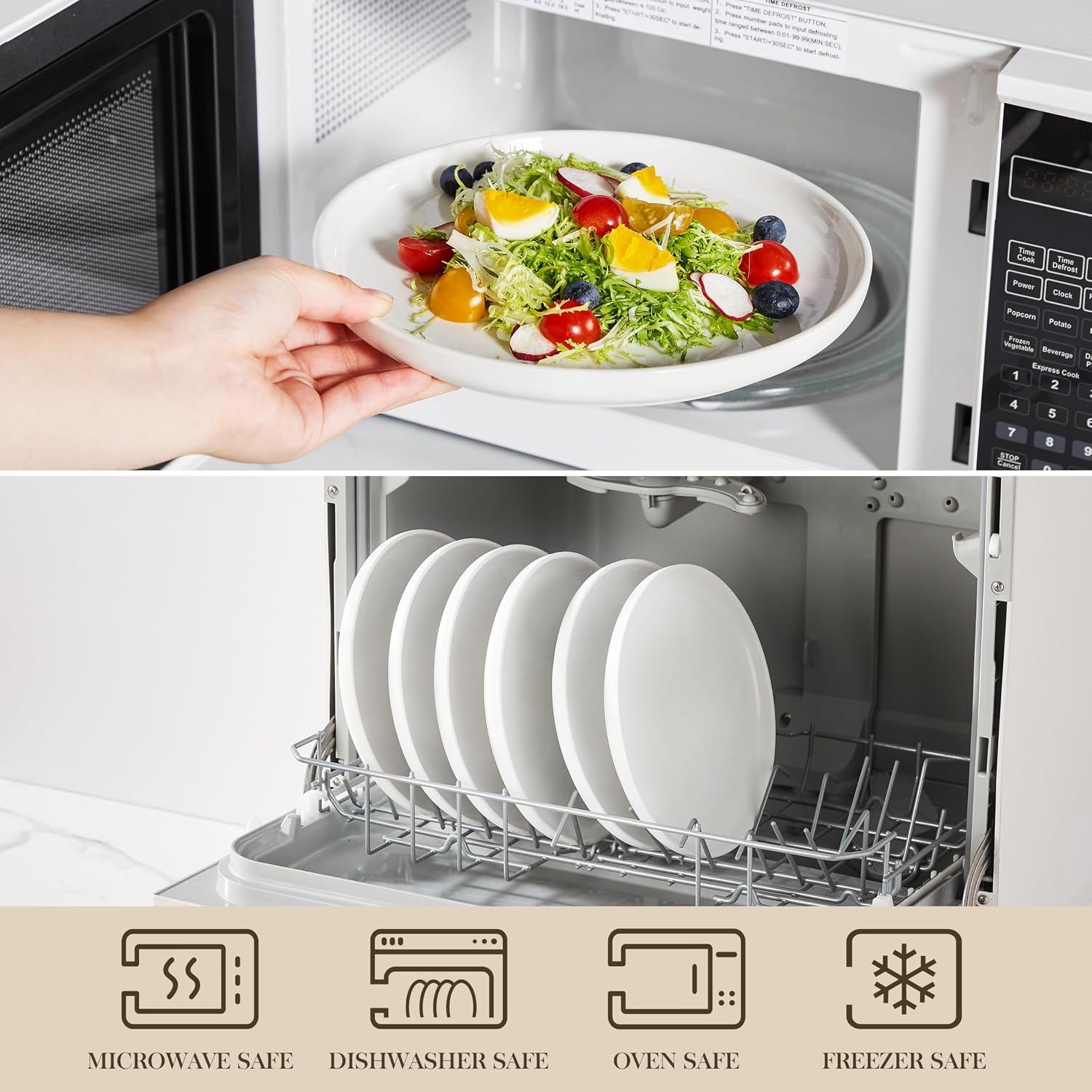 Detalle de MALACASA LUNA Dessertteller-Set für 6 Personen, Ø 21 cm – Weißes Porzellan, erhöhter Rand
