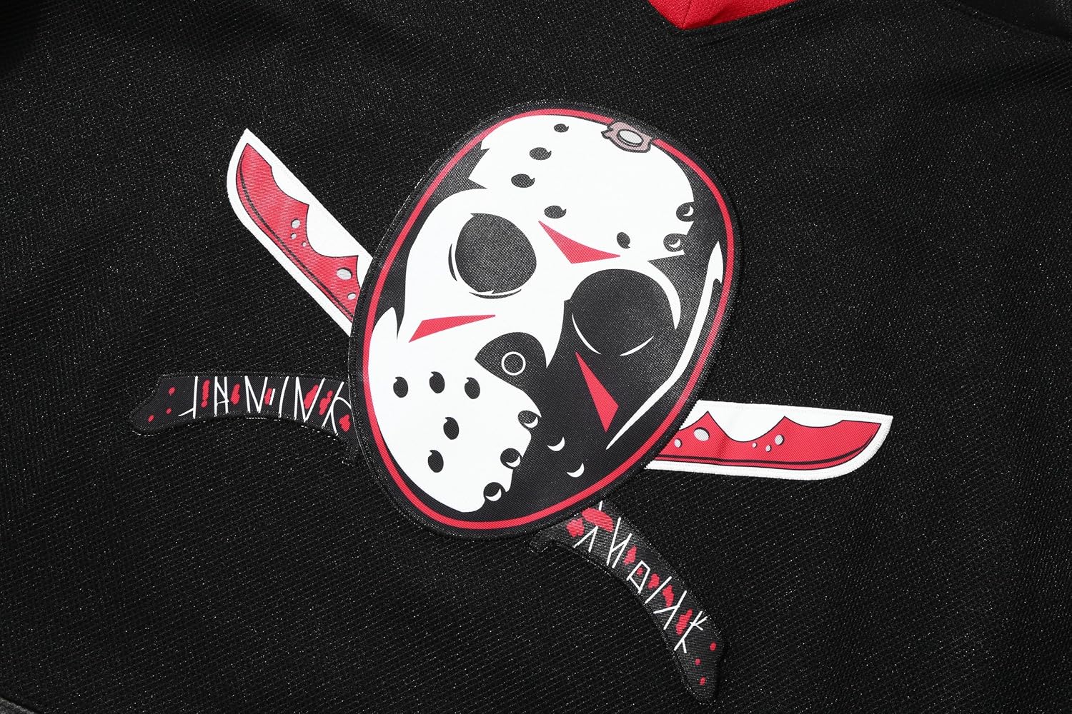 Detalle 2 de PRIMITAS Men's Jason Voorhees Friday the 13th Hockey Jersey, Stitched