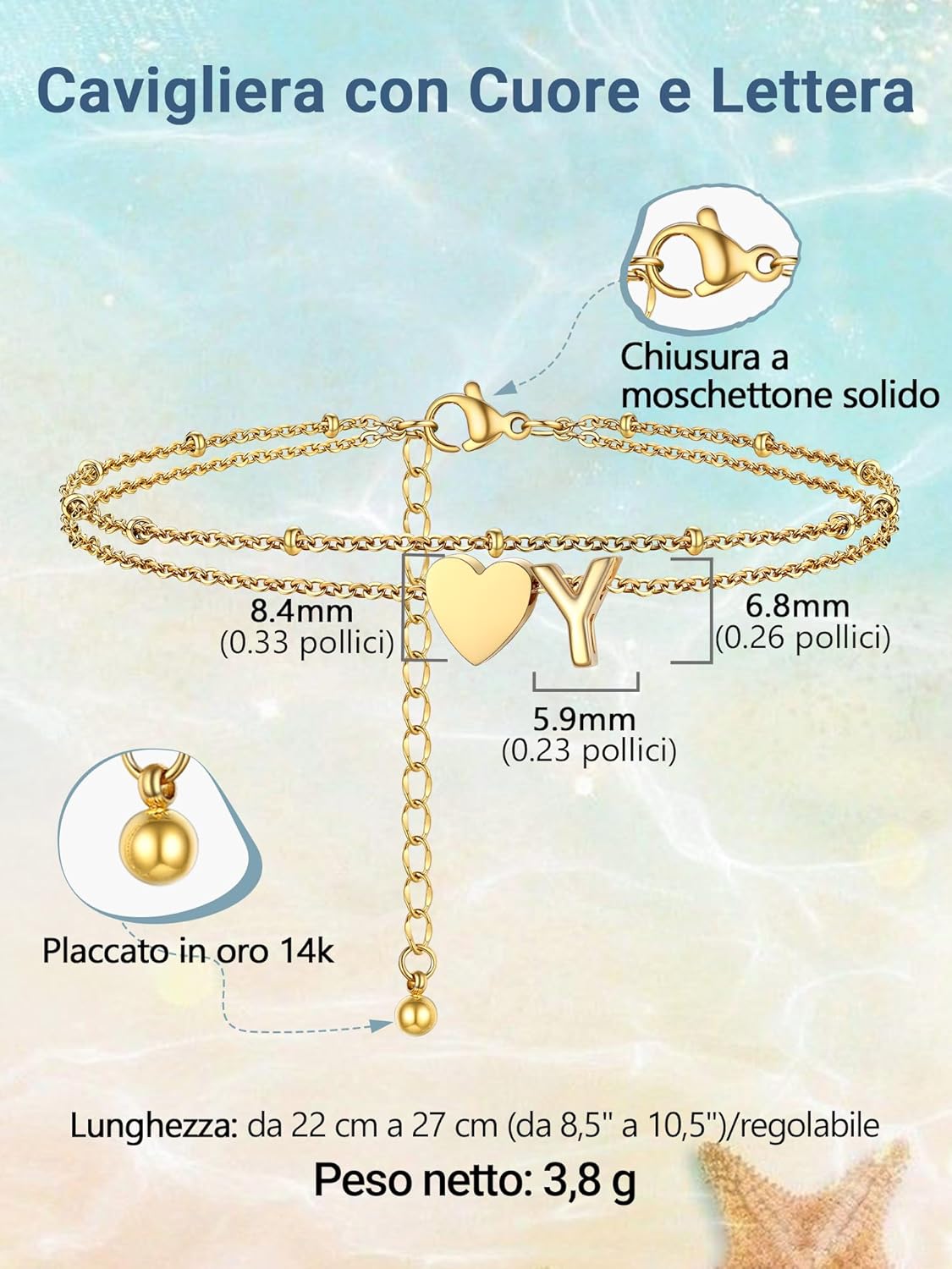 Thumbnail 2 de Cavigliera PROSTEEL A-Z doppio strato con cuore e iniziale da A a Z, acciaio inox 316L, 22+5 cm