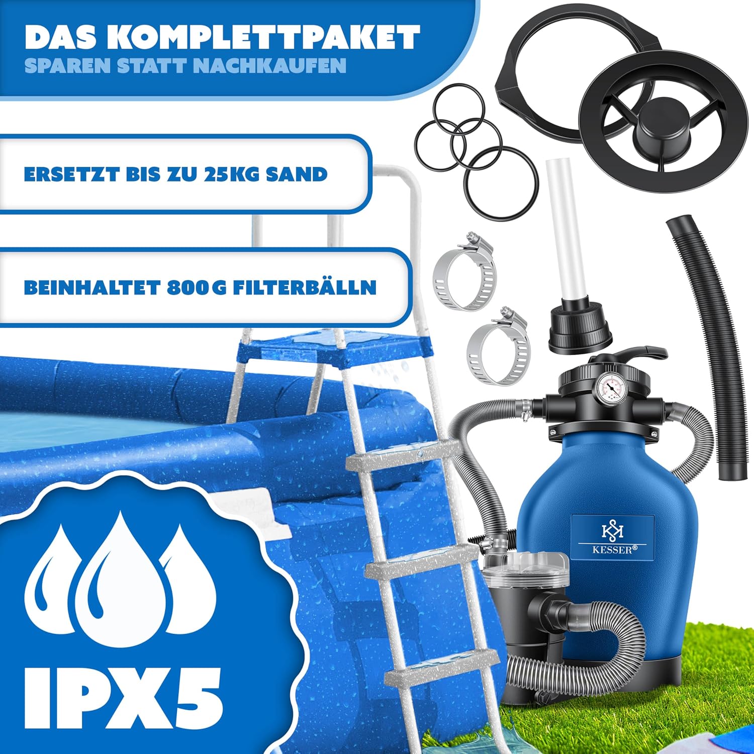 Detalle 2 de KESSER® Sandfilteranlage mit 7-Wege-Ventil, Druckanzeige und Wettercover – Filterleistung bis 10 m³/h
