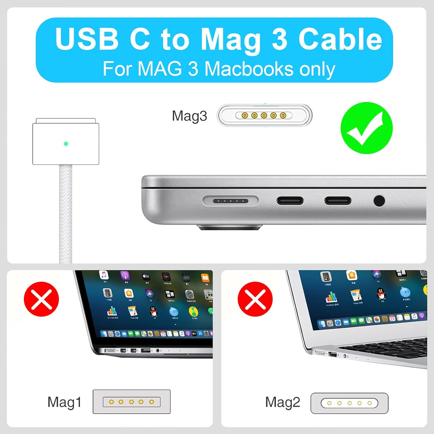 Detalle 2 de MacBook Air Pro Charger: 70W USB-C to Magnetic 3 Connector with 6.6ft Braided Cable