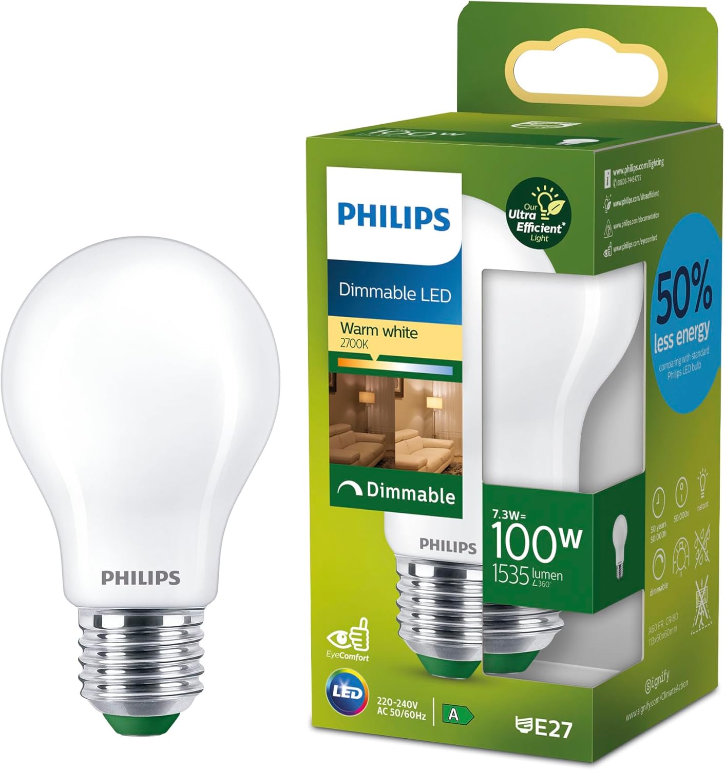 Detalle de Philips Classic UltraEfficient LED light bulb, 100W equivalent, E27, A60, 2700K frosted glass, dimmable