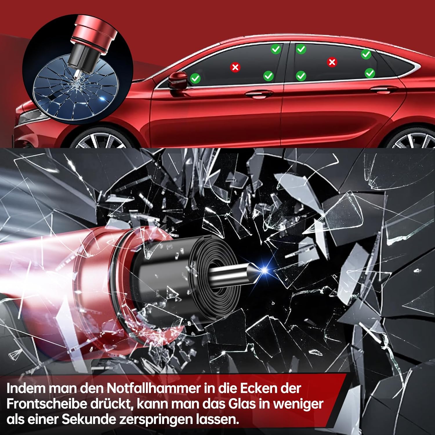 Thumbnail 2 de Marteau de secours 2-en-1 avec coupe-ceinture, kit sécurité 4 pièces (brise-vitre à ressort, lame en U, base adhésive)