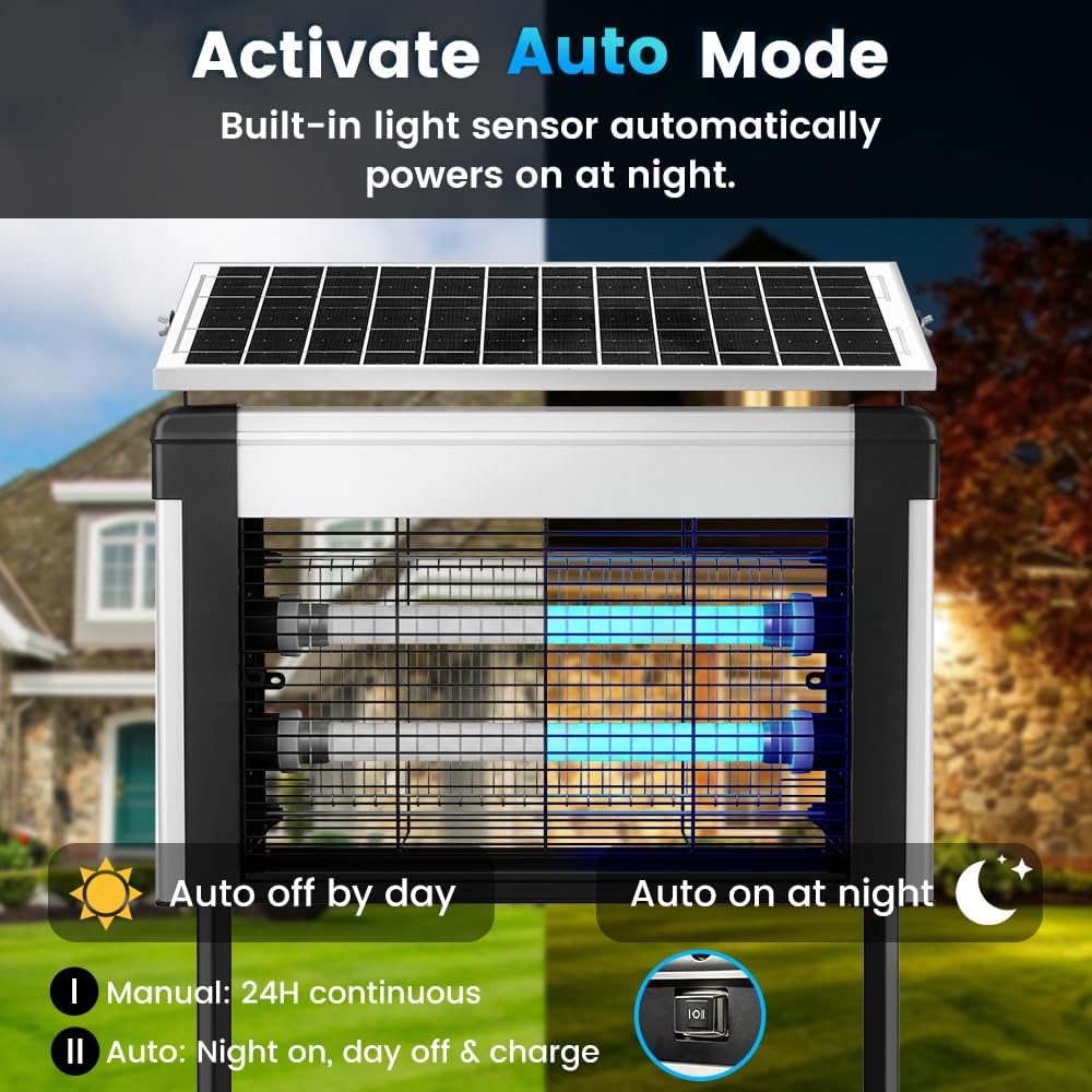 Detalle de Hefite 20W Solar Bug Zapper, 4,000V UV LED, IPX4, 3 Mounting Options