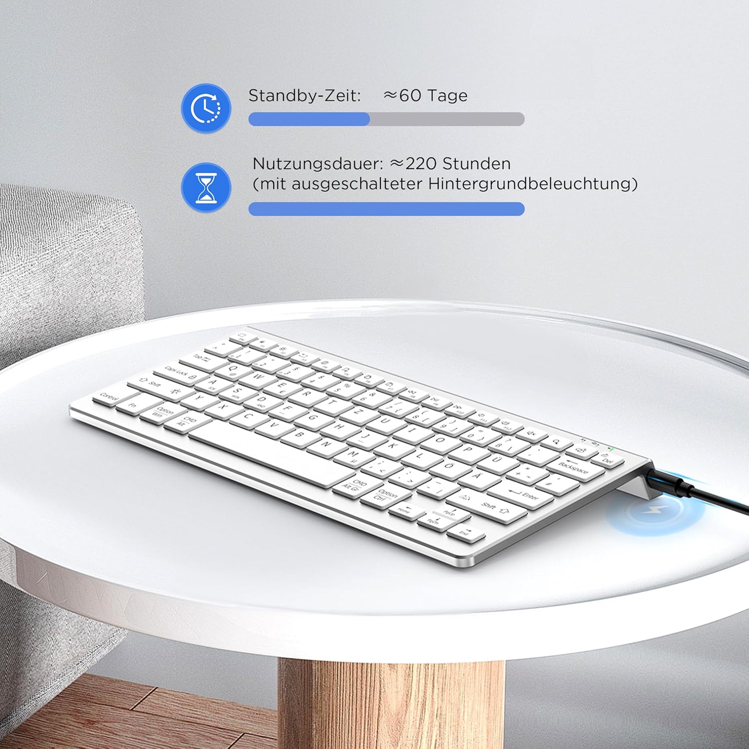 Thumbnail 6 de Bluetooth Deutsche Tastatur von CACOE – kompatibel mit iPad A16/10, iPad Air/Pro sowie iOS, Android, Windows (3 BT-Kanäle, silber, 7 Farben)