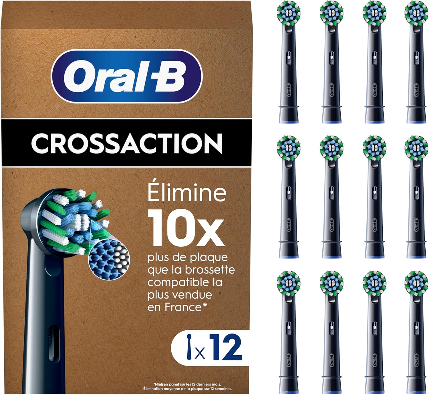 Oral‑B Pro brossettes Cross Action lot 12 — embouts noirs