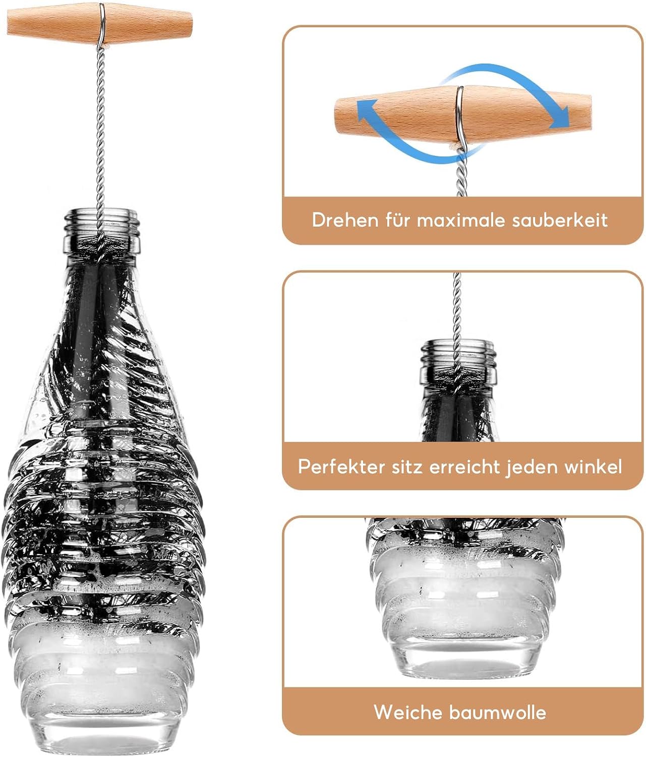 Detalle de Flaschenbürsten-Set für SodaStream Crystal Glasflaschen – 2er Reinigungssatz in zwei Größen (Schwarz)